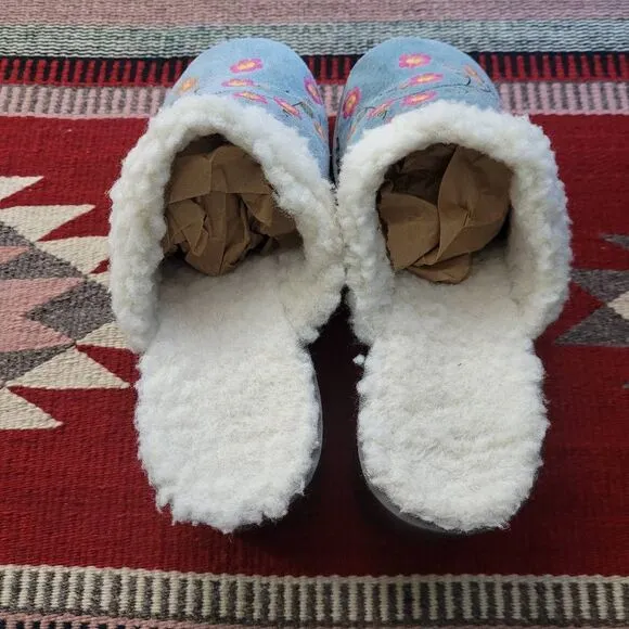 Colin Stuart Leather Embroidered Platform Wooden Clogs Sz 7 Blue Faux Shearling