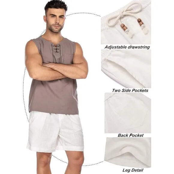 Coofandy Men's Linen Shorts Casual Elastic Waist Drawstring Summer Beach Shorts