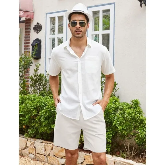Coofandy Men's Linen Shorts Casual Elastic Waist Drawstring Summer Beach Shorts