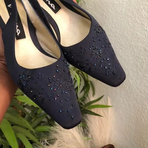 Coquette Fairy Dark Navy Blue pumps slingback mules pointed square toe heels