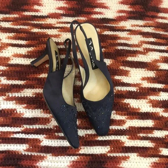 Coquette Fairy Dark Navy Blue pumps slingback mules pointed square toe heels