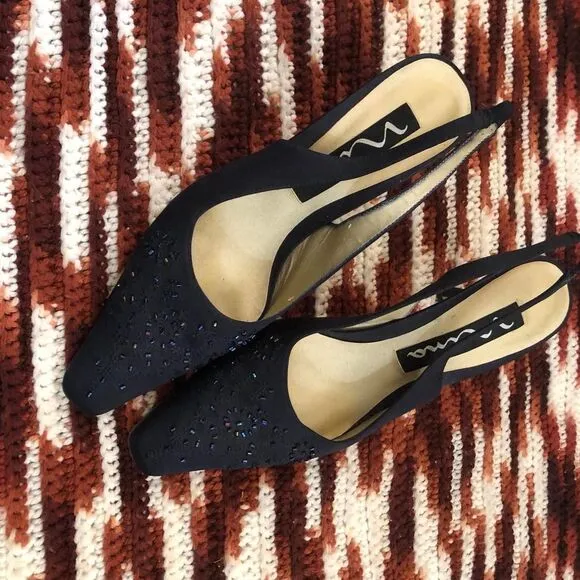Coquette Fairy Dark Navy Blue pumps slingback mules pointed square toe heels
