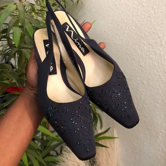 Coquette Fairy Dark Navy Blue pumps slingback mules pointed square toe heels