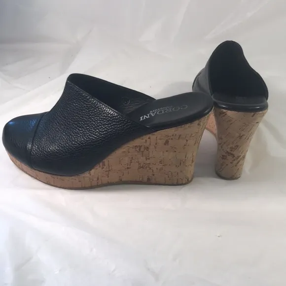 Cordani Calzature Women’s Black Pebbled Leather Slip On Cork Wedge Mules