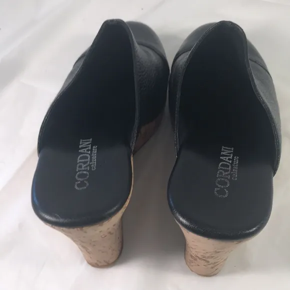 Cordani Calzature Women’s Black Pebbled Leather Slip On Cork Wedge Mules