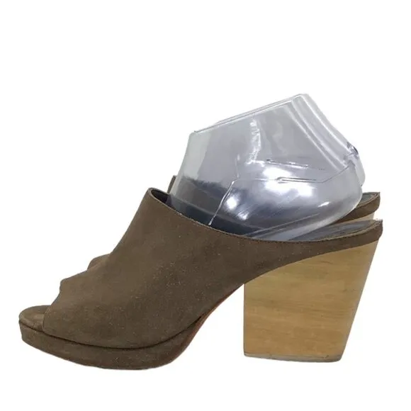 CREATURES OF COMFORT 10.5 Myra Platform Suede Heeled Mules Wood Heel Taupe Clogs