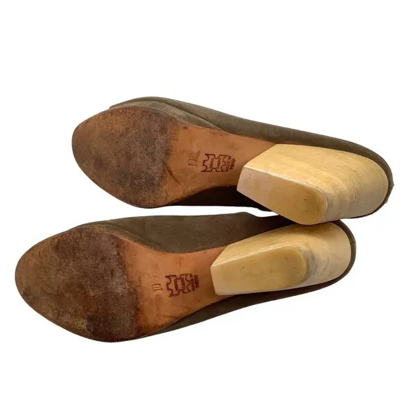 CREATURES OF COMFORT 10.5 Myra Platform Suede Heeled Mules Wood Heel Taupe Clogs