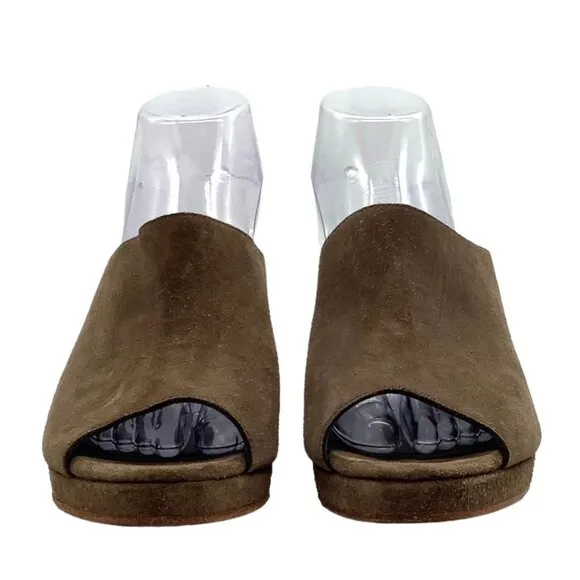 CREATURES OF COMFORT 10.5 Myra Platform Suede Heeled Mules Wood Heel Taupe Clogs