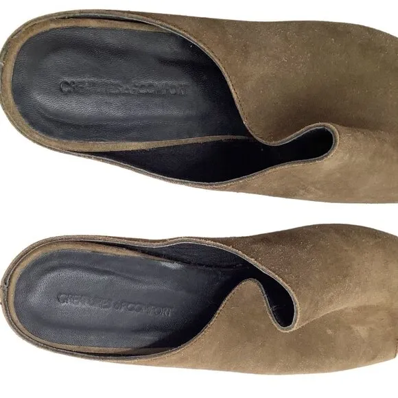 CREATURES OF COMFORT 10.5 Myra Platform Suede Heeled Mules Wood Heel Taupe Clogs