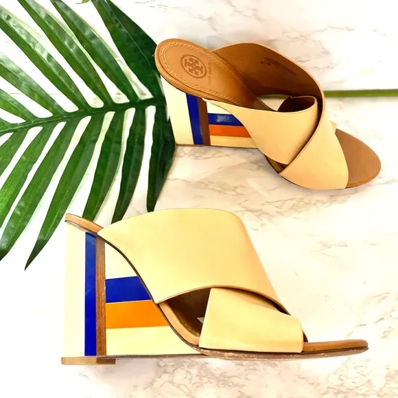 Criss Cross Slip On Mules Color Block Heel Wedge Tory Burch