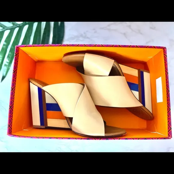 Criss Cross Slip On Mules Color Block Heel Wedge Tory Burch
