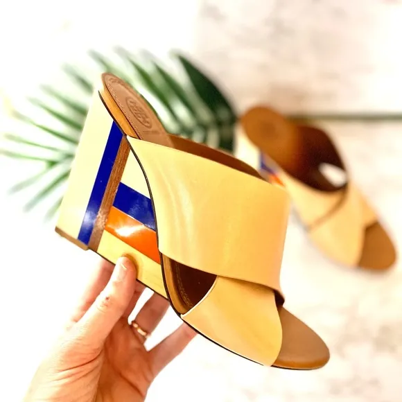 Criss Cross Slip On Mules Color Block Heel Wedge Tory Burch
