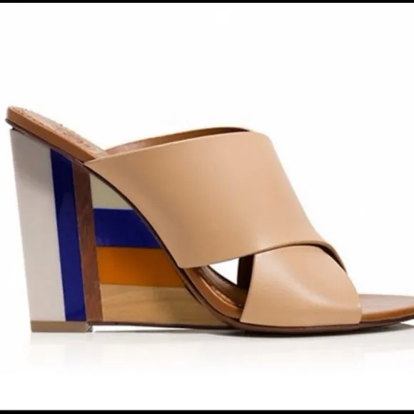 Criss Cross Slip On Mules Color Block Heel Wedge Tory Burch