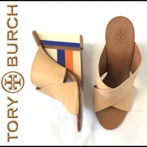 Criss Cross Slip On Mules Color Block Heel Wedge Tory Burch