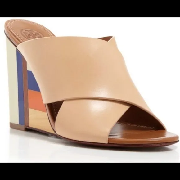 Criss Cross Slip On Mules Color Block Heel Wedge Tory Burch