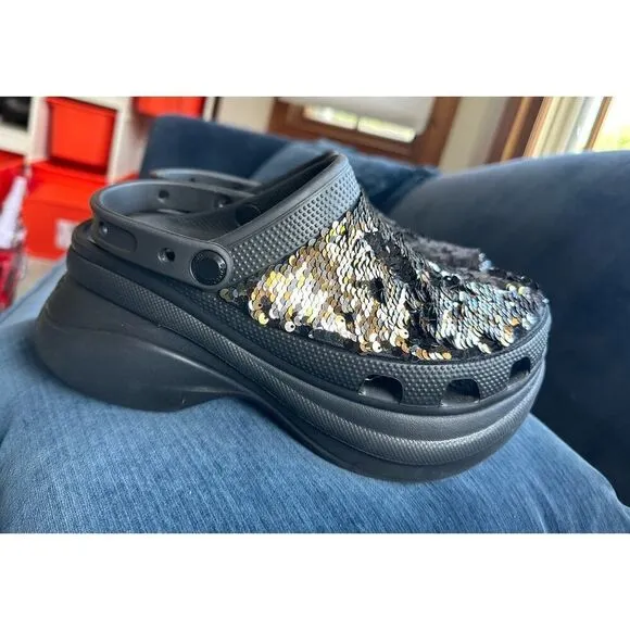 Crocs Bae Platform Shoes Clogs Black and Gold Sequins Rare Size 8