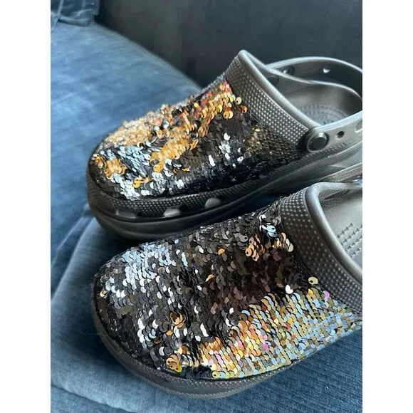 Crocs Bae Platform Shoes Clogs Black and Gold Sequins Rare Size 8
