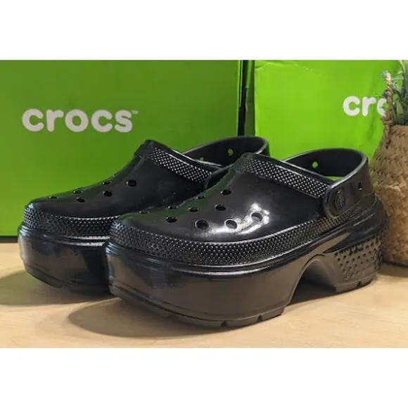 CROCS Black Stomp High Shine Clogs with Pivotable Backstrap Women's Size 10 NIB