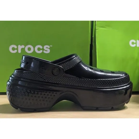 CROCS Black Stomp High Shine Clogs with Pivotable Backstrap Women's Size 10 NIB