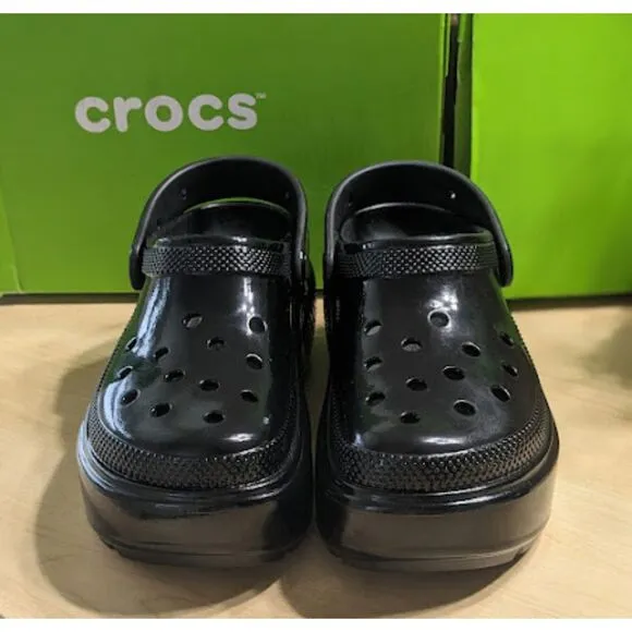 CROCS Black Stomp High Shine Clogs with Pivotable Backstrap Women's Size 10 NIB