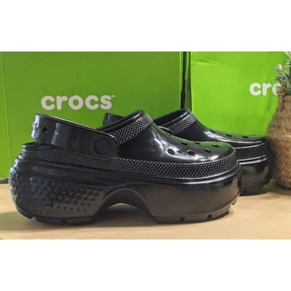 CROCS Black Stomp High Shine Clogs with Pivotable Backstrap Women's Size 10 NIB