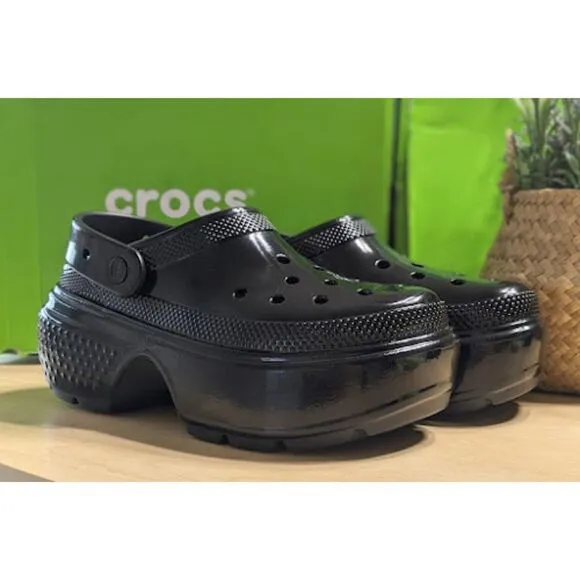CROCS Black Stomp High Shine Clogs with Pivotable Backstrap Women's Size 10 NIB
