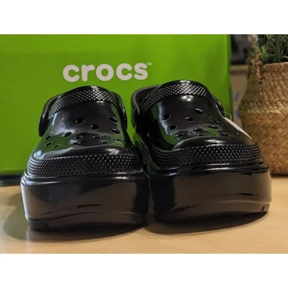 CROCS Black Stomp High Shine Clogs with Pivotable Backstrap Women's Size 9 NIB