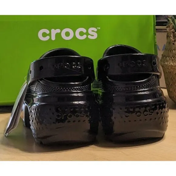 CROCS Black Stomp High Shine Clogs with Pivotable Backstrap Women's Size 9 NIB