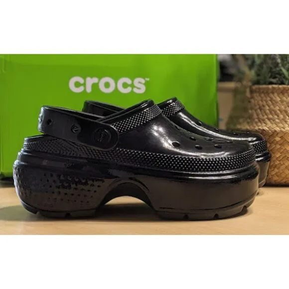 CROCS Black Stomp High Shine Clogs with Pivotable Backstrap Women's Size 9 NIB