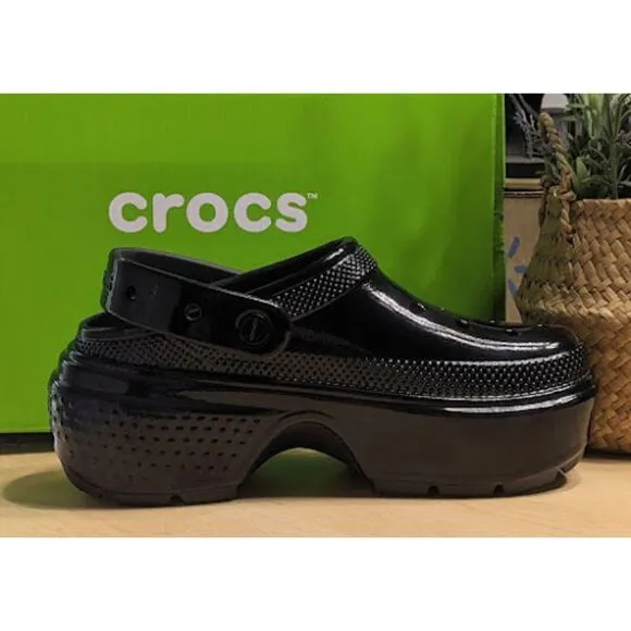 CROCS Black Stomp High Shine Clogs with Pivotable Backstrap Women's Size 9 NIB