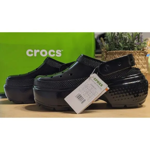 CROCS Black Stomp High Shine Clogs with Pivotable Backstrap Women's Size 9 NIB