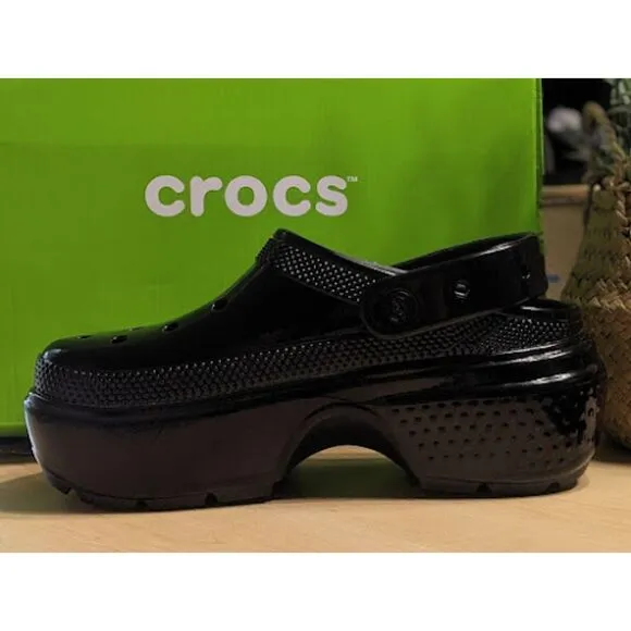 CROCS Black Stomp High Shine Clogs with Pivotable Backstrap Women's Size 9 NIB