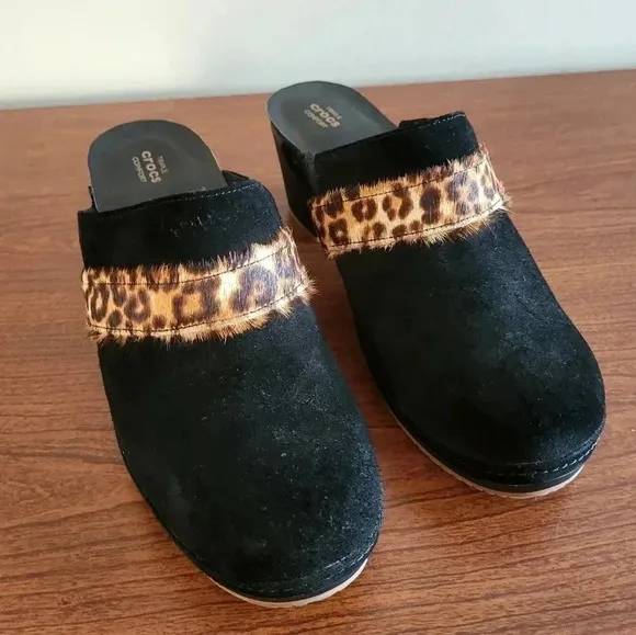 Crocs Chunky Triple Comfort Sarah Leopard Animal Print Suede Mule/Clogs (7)