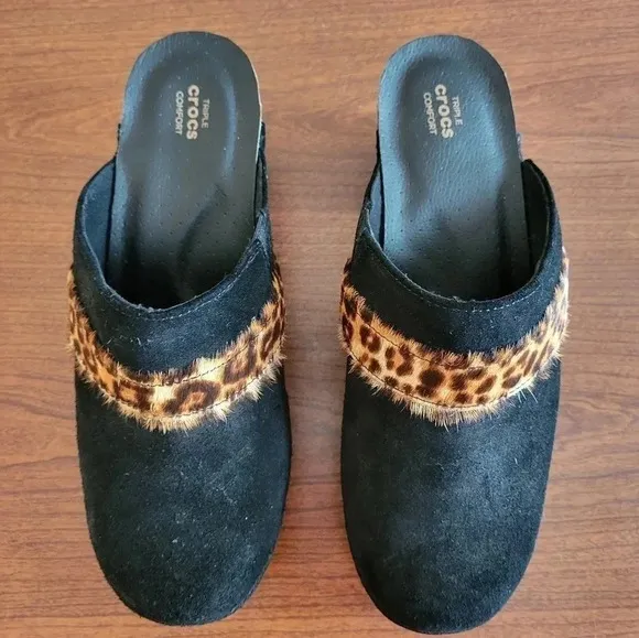 Crocs Chunky Triple Comfort Sarah Leopard Animal Print Suede Mule/Clogs (7)