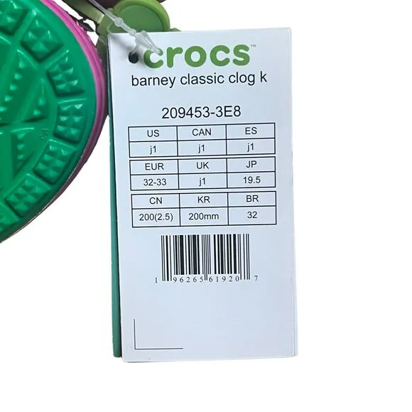 CROCS classic clogs Barney kids boys girls Unisex Purple Green Feet NWT size J1