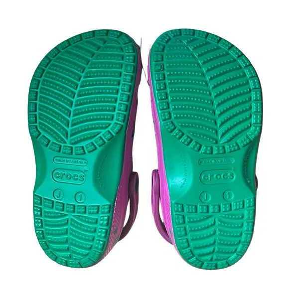 CROCS classic clogs Barney kids boys girls Unisex Purple Green Feet NWT size J1