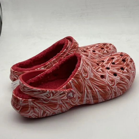 Crocs Classic Lined Candy Cane Clogs Men's Size 12 Red White Christmas Slip On