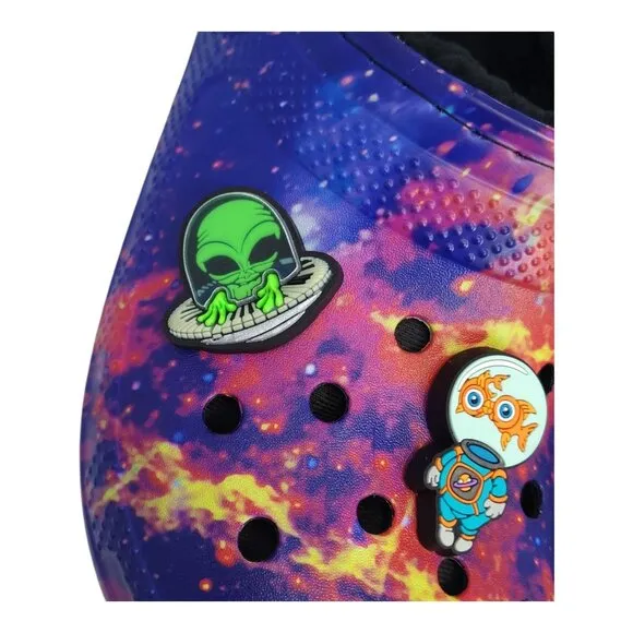 Crocs Classic Lined Galaxy Clogs M8 W10 Fun Alien &amp; Astronaut Jibbitz Charms