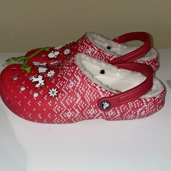 Crocs Classic Lined Holiday Charm Clog Red White Men's Size 11 / Women's 12.5