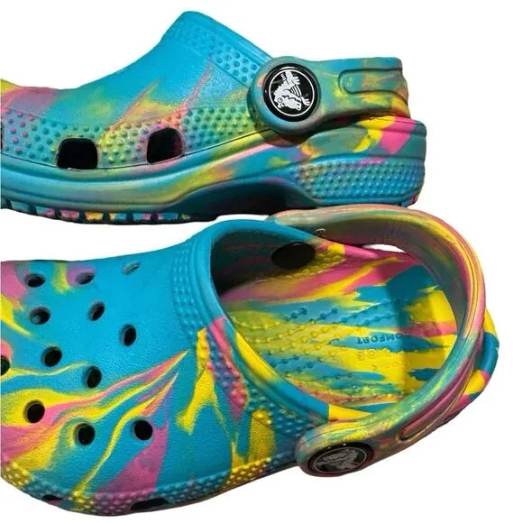 Crocs Classic Marbled Tie Dye Teal Yellow Slip-On Rubber Clogs girl Kids C7 7