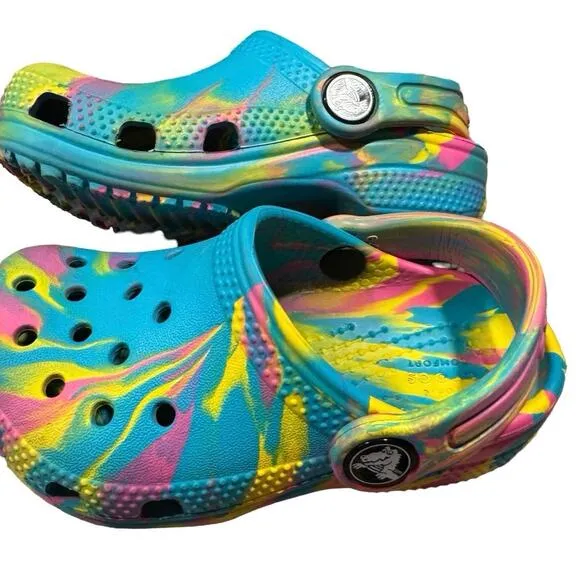 Crocs Classic Marbled Tie Dye Teal Yellow Slip-On Rubber Clogs girl Kids C7 7