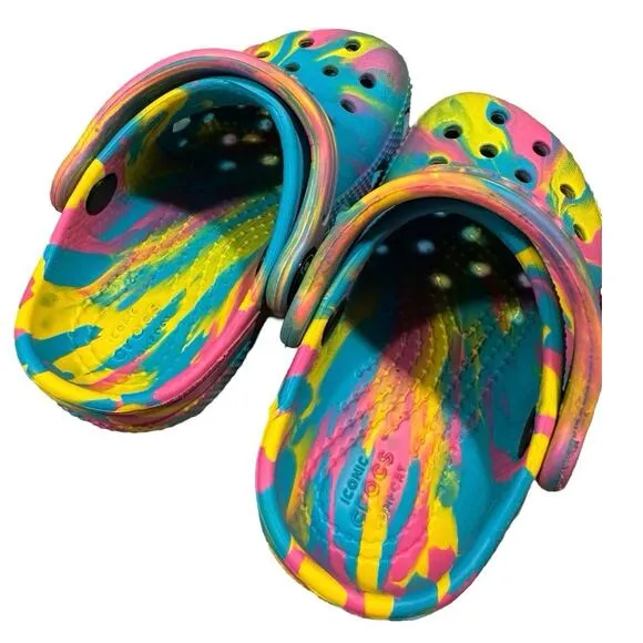 Crocs Classic Marbled Tie Dye Teal Yellow Slip-On Rubber Clogs girl Kids C7 7