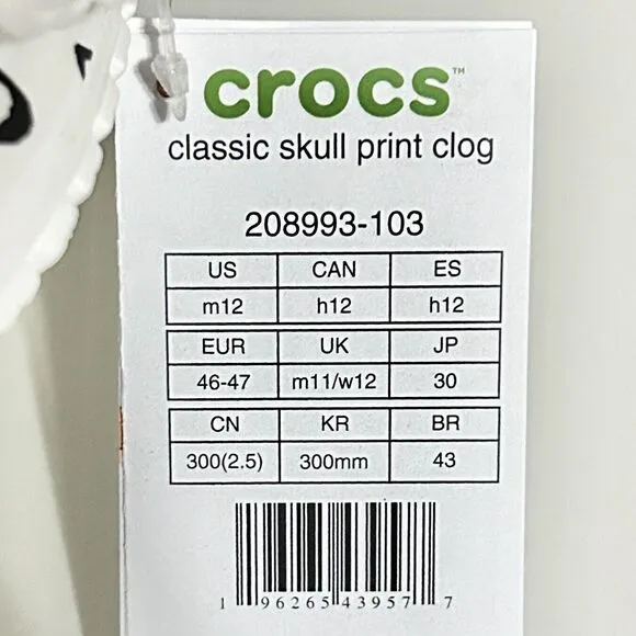 Crocs Classic Men’s Size 12 Skull Print White Black Comfort Clogs
