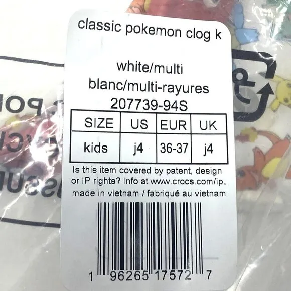 Crocs Classic Pokémon Clog Big Kid Sizes J4 (8-7/8)&quot; J5 (9-1/8&quot;) White Multicolo