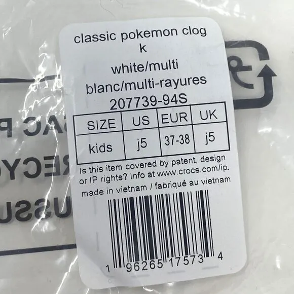 Crocs Classic Pokémon Clog Big Kid Sizes J4 (8-7/8)&quot; J5 (9-1/8&quot;) White Multicolo