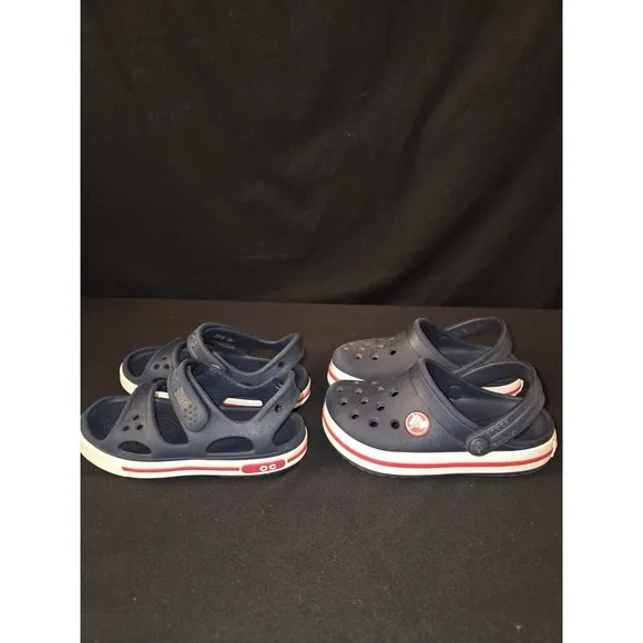 Crocs Crocband Clogs Kids 8 Navy Red Rubber Slip-On Straps Lightweight Casual
