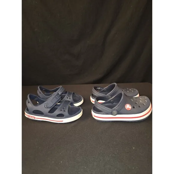 Crocs Crocband Clogs Kids 8 Navy Red Rubber Slip-On Straps Lightweight Casual