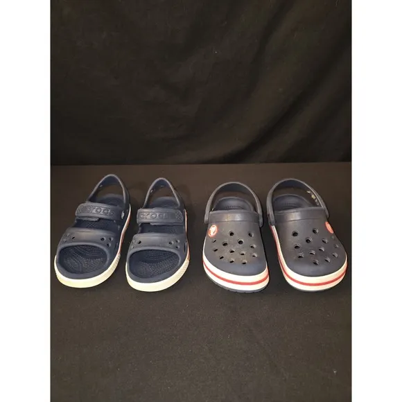 Crocs Crocband Clogs Kids 8 Navy Red Rubber Slip-On Straps Lightweight Casual