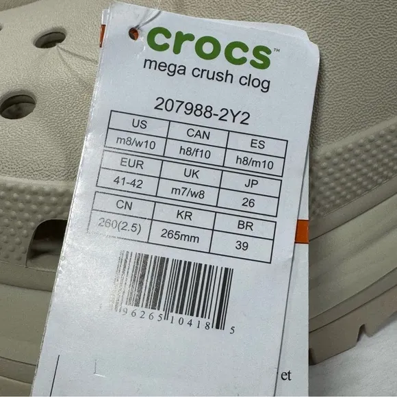 Crocs Mega Crush Chunky Platform Clogs Bone Women's Size 10 Men’s Size 8