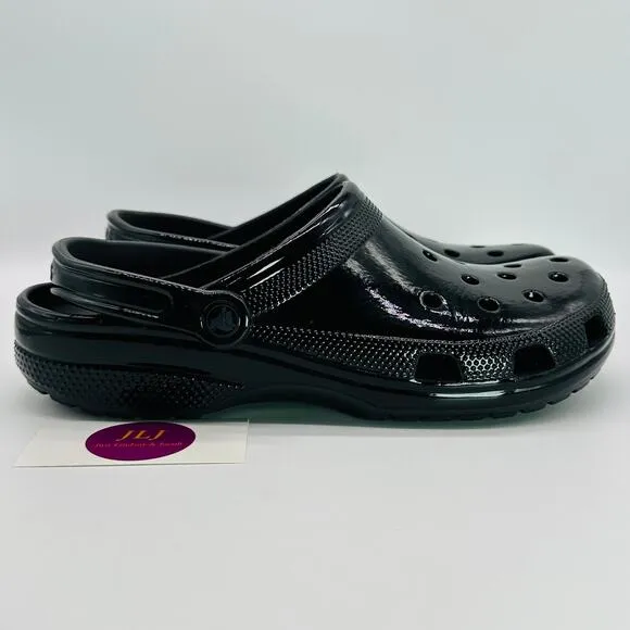 Crocs Men's Classic High Shine Clogs Black Slip On Comfort Shoes 209609 Size 11